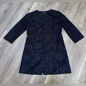 Talbots Jacket Blue Black Lace Long Line Collarless Hidden Button